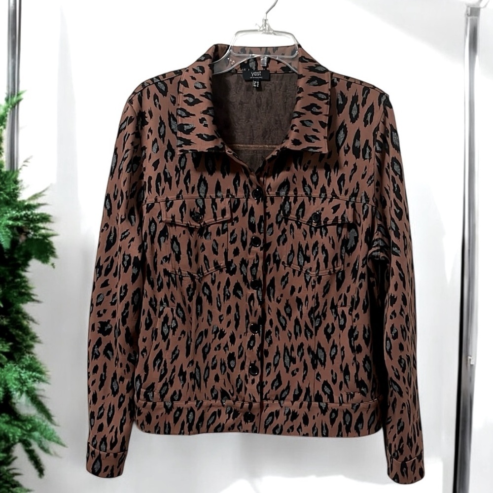 YEST Sz 14 Animal Print Jacket Shacket Retro Brown Multi-Colour Soft Stretch 14